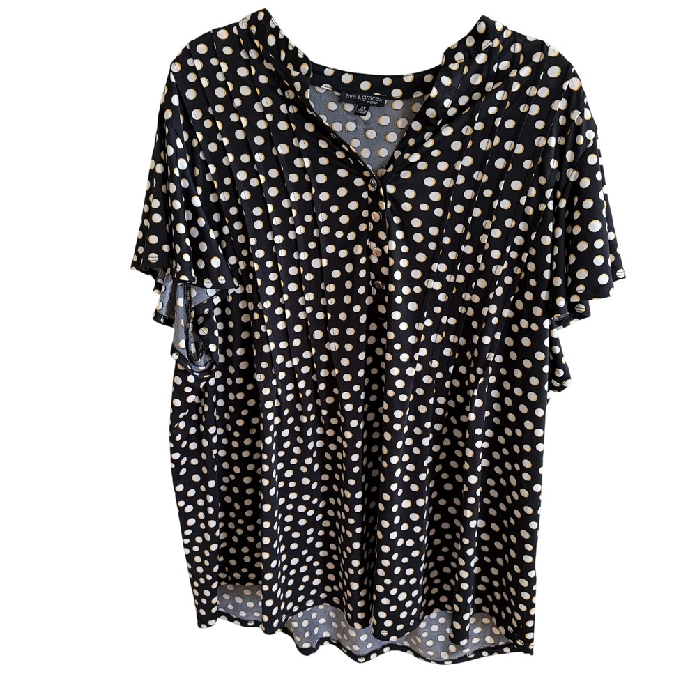 Ava & Grace Woman Black Polka Dot Pleated Flutter Sleeve Henley Blouse 2X Plus
